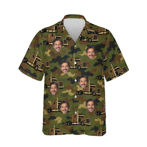 Camo Semi Truck Hawaiian Shirt personalized with printed faces, front view