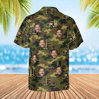 Camo Semi Truck Hawaiian Shirt with custom faces, back view