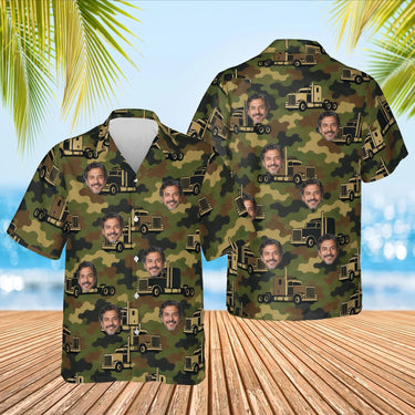 Camo Semi Truck Hawaiian Shirt with custom faces, front and back