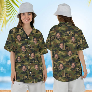 Woman wearing the Camo Semi Truck Hawaiian Shirt with custom faces, front and back view