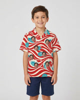 Candy Cane Tide Christmas Hawaiian Shirt with printed faces, worn by a child