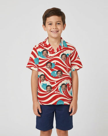 Candy Cane Tide Christmas Hawaiian Shirt with printed faces, worn by a child