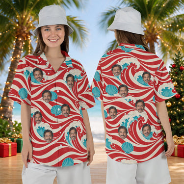 Candy Cane Tide personalized Christmas Hawaiian shirt with faces worn by a woman, front and back