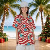 Candy Cane Tide Christmas Hawaiian shirt with printed faces worn by a woman, front view