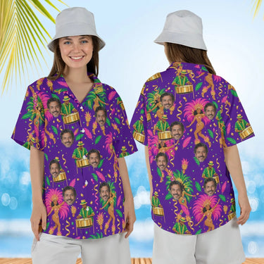 Woman wearing the Carnival Caribbean Style Hawaiian Shirt with custom faces, front and back view