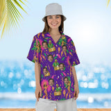 Woman wearing the Carnival Caribbean Style Hawaiian Shirt with custom faces