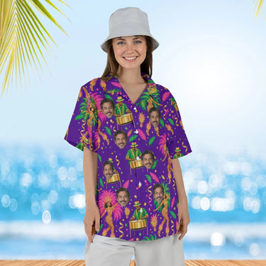 Woman wearing the Carnival Caribbean Style Hawaiian Shirt with custom faces