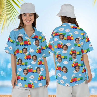 Woman wearing the Cartoon Train Hawaiian Shirt with custom faces, front and back view