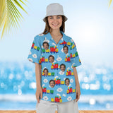 Woman wearing the Cartoon Train Hawaiian Shirt with custom faces