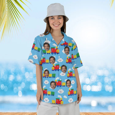 Woman wearing the Cartoon Train Hawaiian Shirt with custom faces