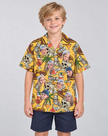 Casino Jackpot Hawaiian shirt with printed faces, worn by a child