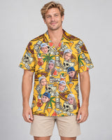 Casino Jackpot Hawaiian shirt with printed faces, worn by a man