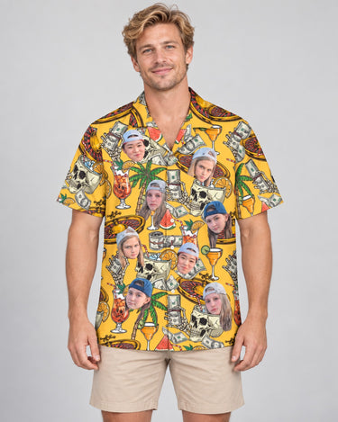 Casino Jackpot Hawaiian shirt with printed faces, worn by a man