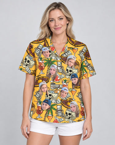 Casino Jackpot Hawaiian shirt with printed faces, worn by a woman