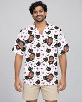 Cat and Pumpkin Halloween Hawaiian shirt with printed faces, worn by a man