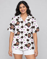 Cat and Pumpkin Halloween Hawaiian shirt with printed faces, worn by a woman