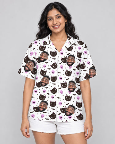 Cat and Pumpkin Halloween Hawaiian shirt with printed faces, worn by a woman
