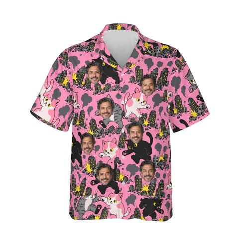 Cat Kaiju Hawaiian Shirt personalized with printed faces, front view