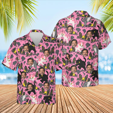 Cat Kaiju Hawaiian Shirt with custom faces, front and back