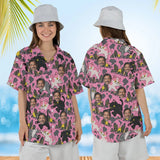 Woman wearing the Cat Kaiju Hawaiian Shirt with custom faces, front and back view