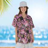 Woman wearing the Cat Kaiju Hawaiian Shirt with custom faces