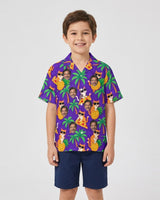 Cats in Shades Ugly Hawaiian Shirt with printed faces, worn by a child