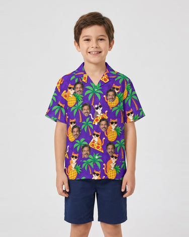 Cats in Shades Ugly Hawaiian Shirt with printed faces, worn by a child