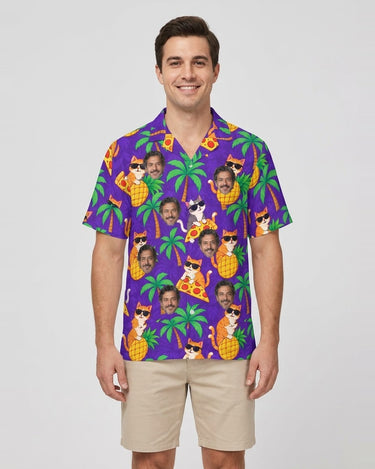 Cats in Shades Ugly Hawaiian Shirt with printed faces, worn by a man