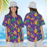 Woman wearing the Cats in Shades Ugly Hawaiian Shirt with custom faces, front and back view
