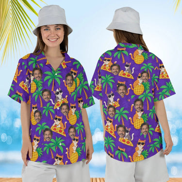Woman wearing the Cats in Shades Ugly Hawaiian Shirt with custom faces, front and back view