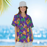 Woman wearing the Cats in Shades Ugly Hawaiian Shirt with custom faces