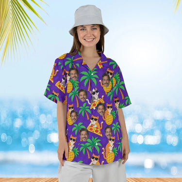 Woman wearing the Cats in Shades Ugly Hawaiian Shirt with custom faces