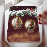 Christmas in Heaven sympathy gift blanket with 2 photos and a cardinal pair spread on a bed with a gift box