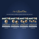 Christmas memorial blanket with 1, 2, 3 or 4 photos of loved ones, each in a gold ornament with name and years