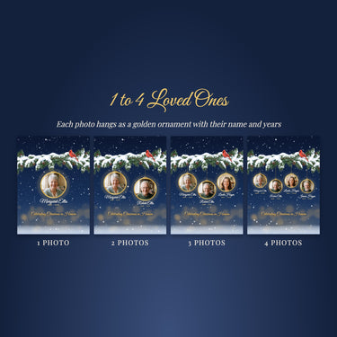 Christmas memorial blanket with 1, 2, 3 or 4 photos of loved ones, each in a gold ornament with name and years