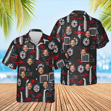 Chrome Parts Trucker Hawaiian Shirt with custom faces, front and back