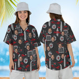 Woman wearing the Chrome Parts Trucker Hawaiian Shirt with custom faces, front and back view