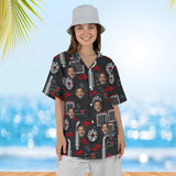 Woman wearing the Chrome Parts Trucker Hawaiian Shirt with custom faces