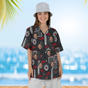 Woman wearing the Chrome Parts Trucker Hawaiian Shirt with custom faces