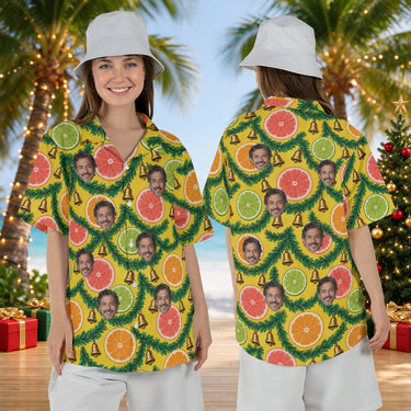 Citrus Garland personalized Christmas Hawaiian shirt with faces worn by a woman, front and back