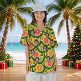 Citrus Garland Christmas Hawaiian shirt with printed faces worn by a woman, front view