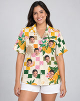 Citrus Splash Hawaiian shirt with printed faces, worn by a woman