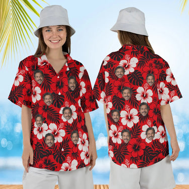 Woman wearing the Classic Pareo Hibiscus Aloha Shirt with custom faces, front and back view