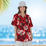 Woman wearing the Classic Pareo Hibiscus Aloha Shirt with custom faces