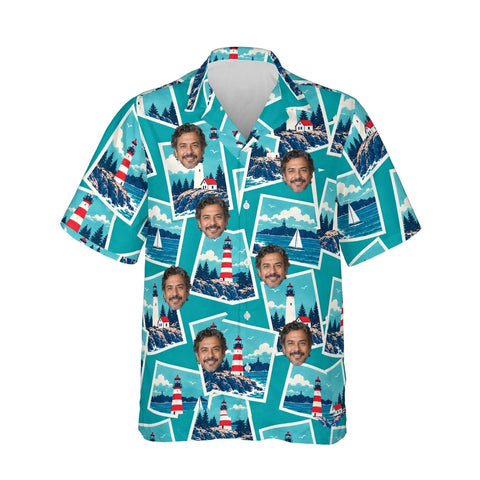 Coastal Postcard Hawaiian Shirt personalized with printed faces, front view