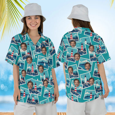 Woman wearing the Coastal Postcard Hawaiian Shirt with custom faces, front and back view