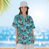 Woman wearing the Coastal Postcard Hawaiian Shirt with custom faces