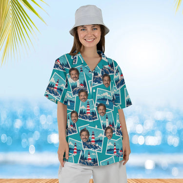 Woman wearing the Coastal Postcard Hawaiian Shirt with custom faces