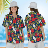 Woman wearing the Cockatoo Tropical Hawaiian Shirt with custom faces, front and back view
