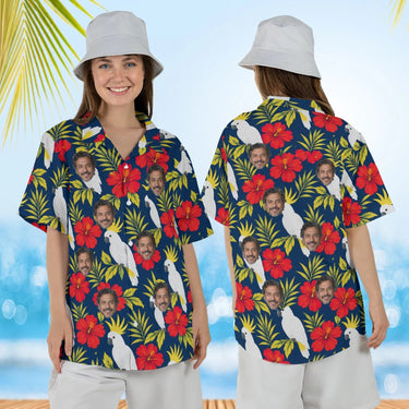 Woman wearing the Cockatoo Tropical Hawaiian Shirt with custom faces, front and back view